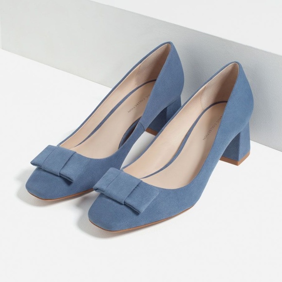 blue suede block heel pumps